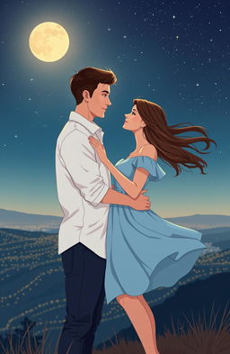 A romantic scene depicting a gentle embrace between a couple named Lukas and Sandra under a starry night sky