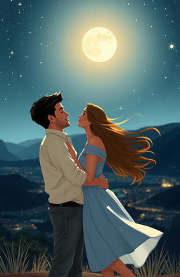 A romantic scene depicting a gentle embrace between a couple named Lukas and Sandra under a starry night sky