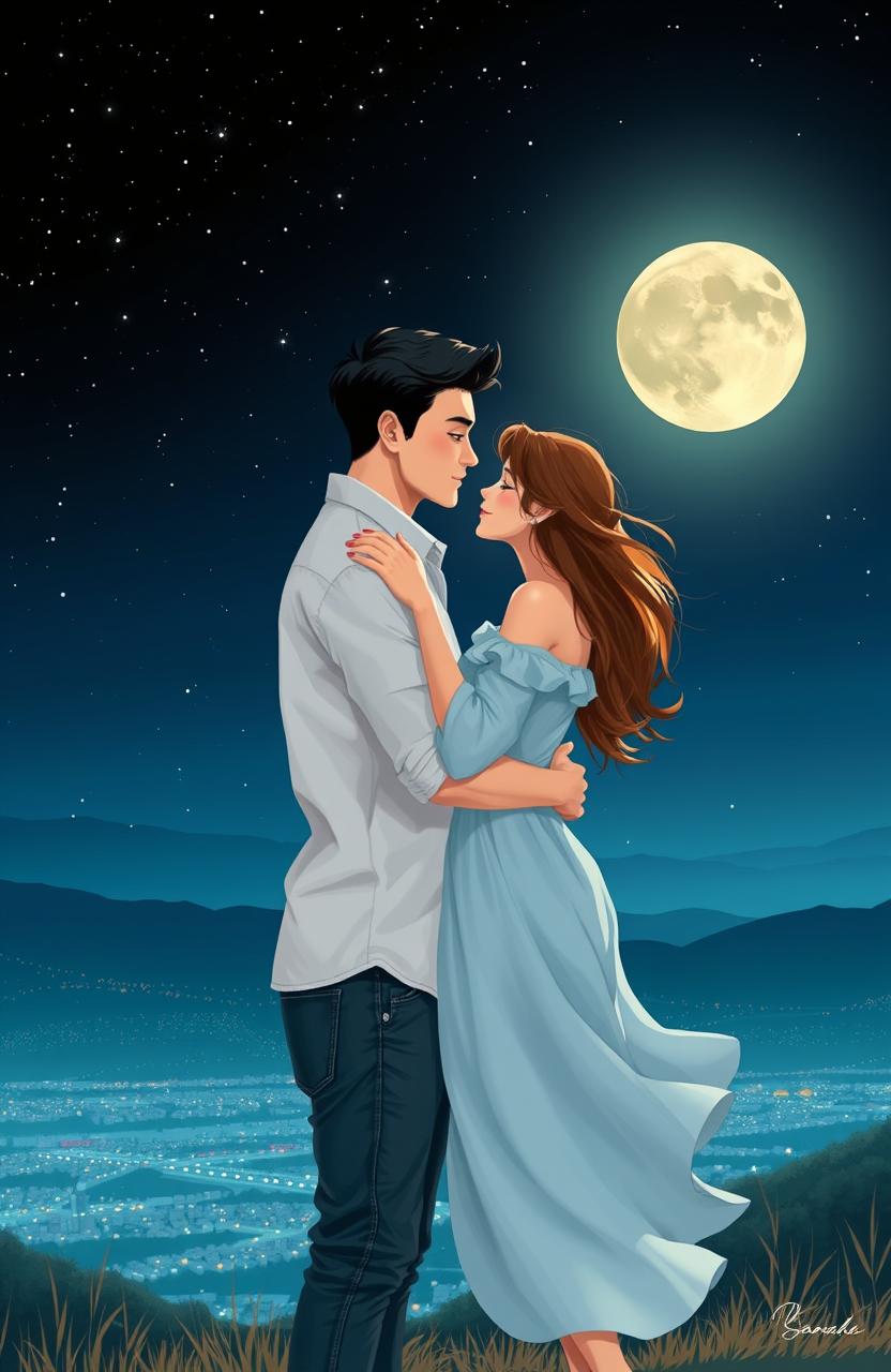 A romantic scene depicting a gentle embrace between a couple named Lukas and Sandra under a starry night sky