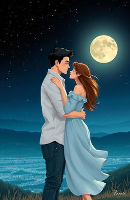 A romantic scene depicting a gentle embrace between a couple named Lukas and Sandra under a starry night sky