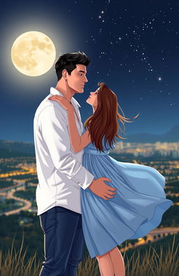 A romantic scene depicting a gentle embrace between a couple named Lukas and Sandra under a starry night sky