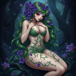 A gothic submissive anime plant girl in a seductive position, sensually caressing her very large breasts