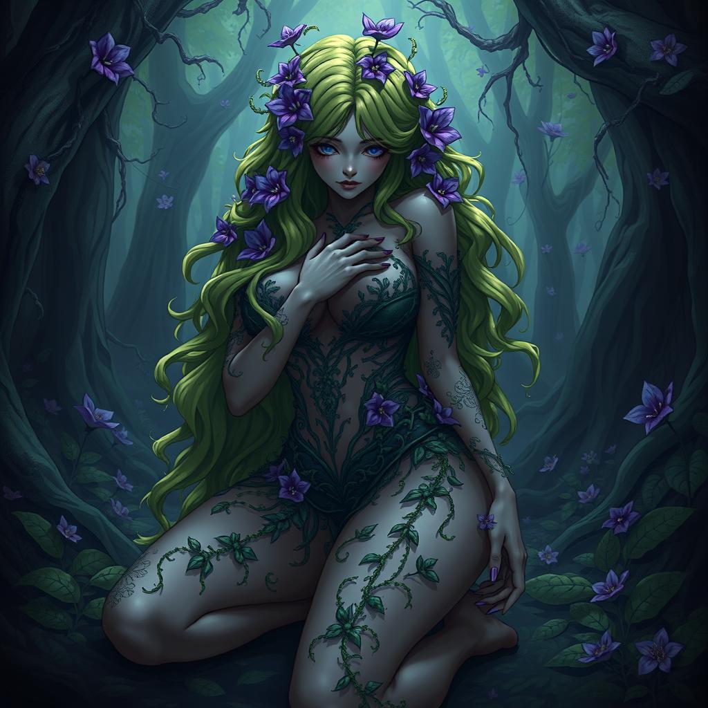 A gothic submissive anime plant girl in a seductive position, sensually caressing her very large breasts