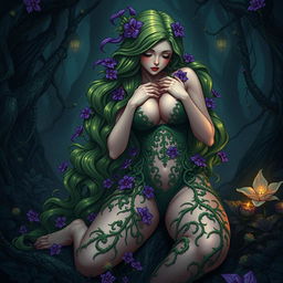 A gothic submissive anime plant girl in a seductive position, sensually caressing her very large breasts
