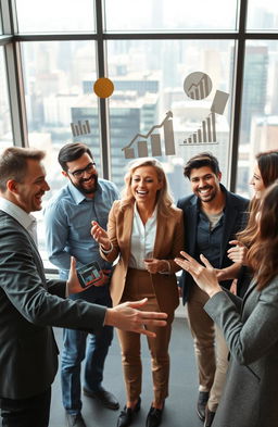A vibrant business scene with dynamic leaders collaborating and brainstorming strategies