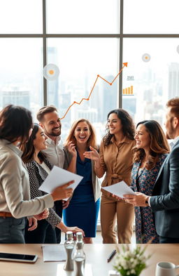 A vibrant business scene with dynamic leaders collaborating and brainstorming strategies
