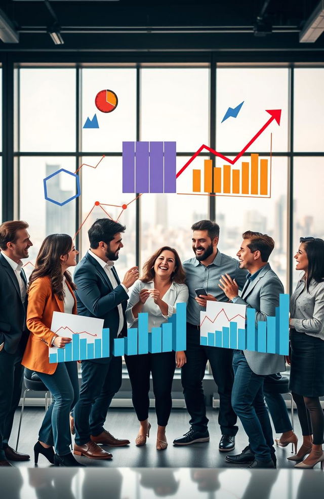 A vibrant business scene with dynamic leaders collaborating and brainstorming strategies