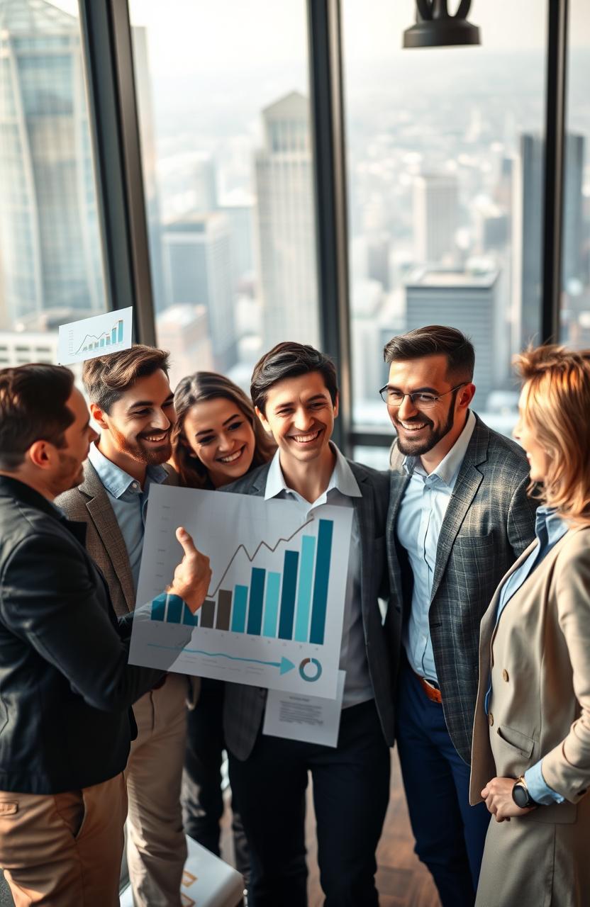 A vibrant business scene with dynamic leaders collaborating and brainstorming strategies
