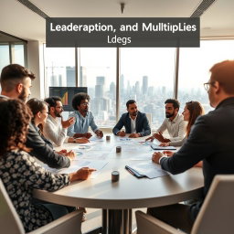 An inspirational scene depicting a diverse group of leaders engaged in a dynamic brainstorming session