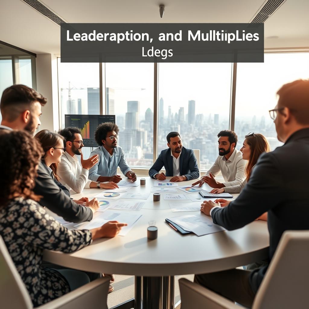 An inspirational scene depicting a diverse group of leaders engaged in a dynamic brainstorming session