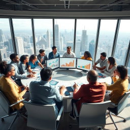 An inspirational scene depicting a diverse group of leaders engaged in a dynamic brainstorming session