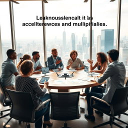 An inspirational scene depicting a diverse group of leaders engaged in a dynamic brainstorming session