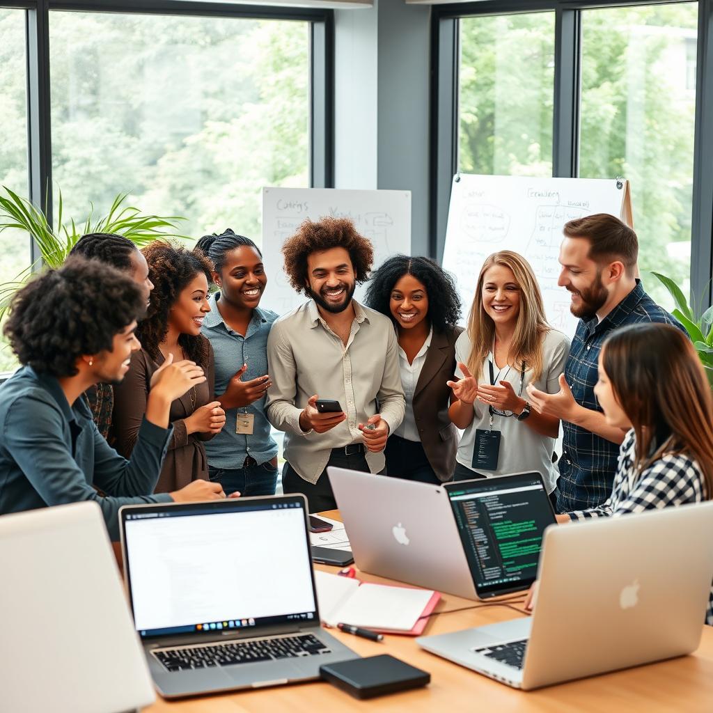 A vibrant and inspiring scene showcasing a diverse group of confident leaders engaged in a dynamic conversation, embodying the principles of leadership in a LAMP context (Linux, Apache, MySQL, PHP)
