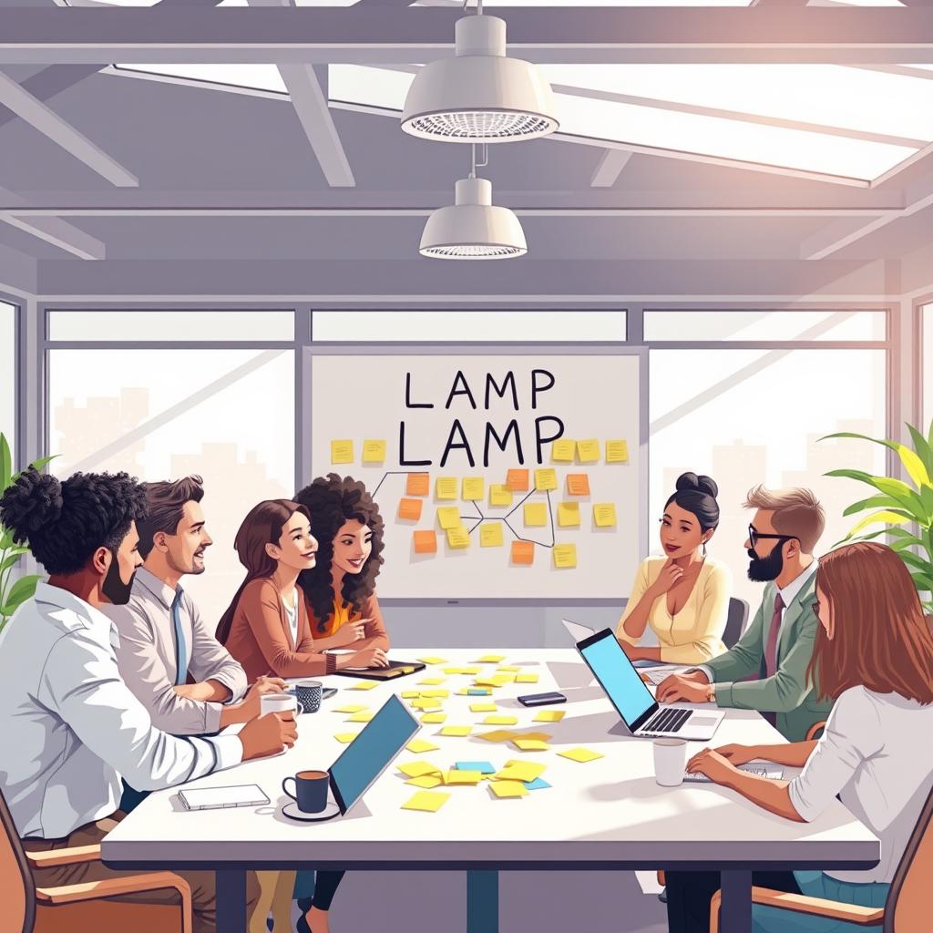A captivating illustration depicting the concept of LAMP (Leadership and Management Practices) in action