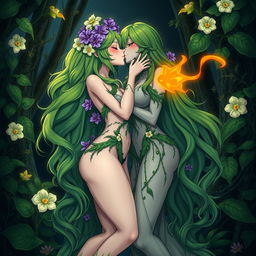 A submissive anime plant girl with very large breasts and thick thighs, decorated with purple flowers in her long wavy green hair