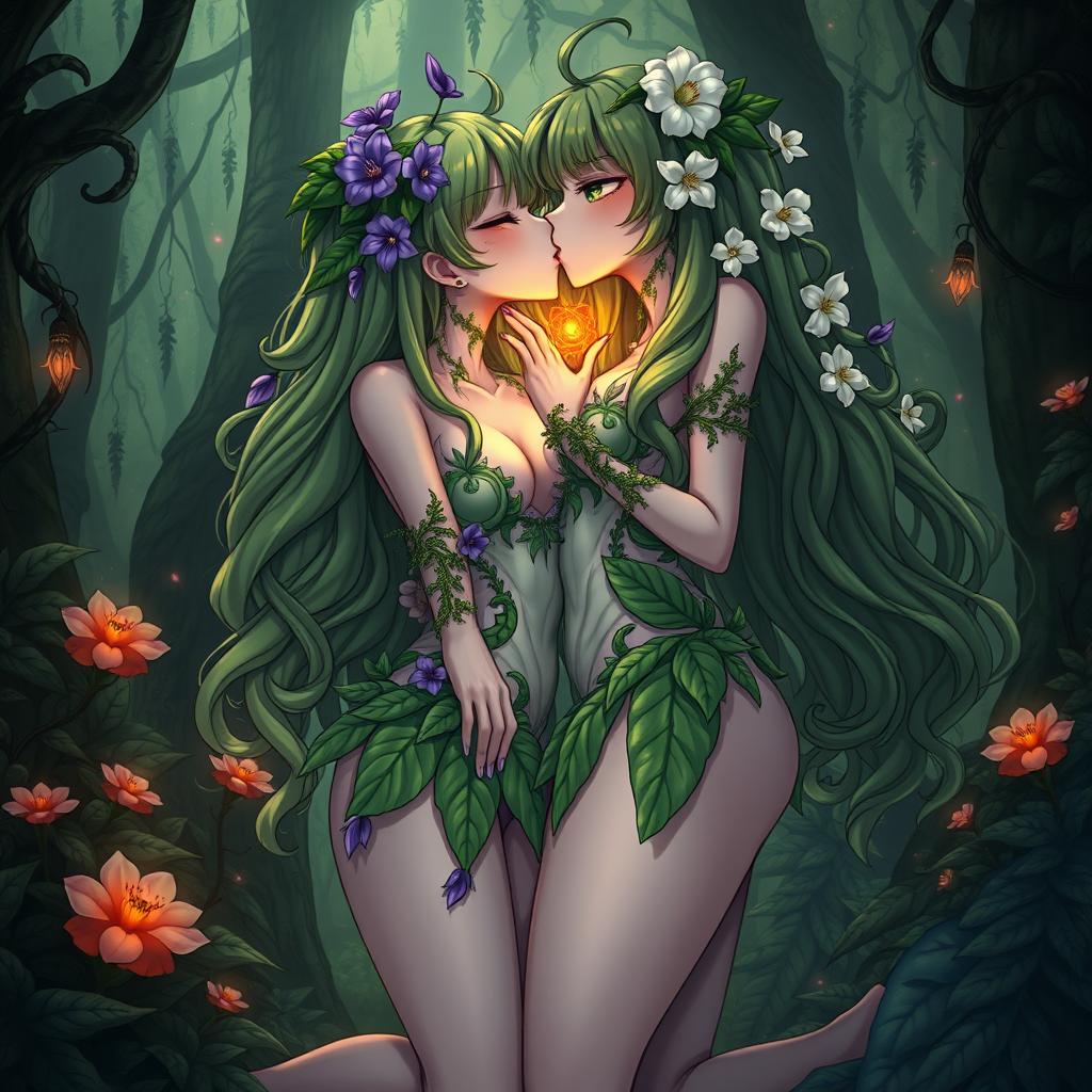 A submissive anime plant girl with very large breasts and thick thighs, decorated with purple flowers in her long wavy green hair