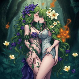 A submissive anime plant girl with very large breasts and thick thighs, decorated with purple flowers in her long wavy green hair