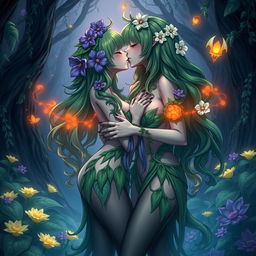 A submissive anime plant girl with very large breasts and thick thighs, decorated with purple flowers in her long wavy green hair