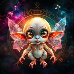 A stunning depiction of a homunculus, showcasing a small, humanoid creature with exaggerated features such as large, dreamy eyes and a prominent forehead