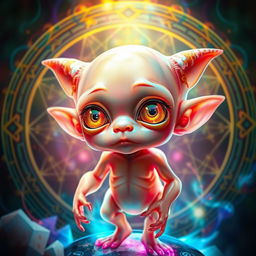 A stunning depiction of a homunculus, showcasing a small, humanoid creature with exaggerated features such as large, dreamy eyes and a prominent forehead