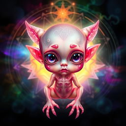 A stunning depiction of a homunculus, showcasing a small, humanoid creature with exaggerated features such as large, dreamy eyes and a prominent forehead