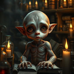 A fantastical depiction of a homunculus, a small humanoid creature, intricately designed with detailed textures showcasing its alchemical origins