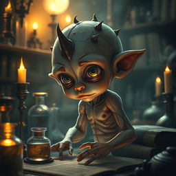 A fantastical depiction of a homunculus, a small humanoid creature, intricately designed with detailed textures showcasing its alchemical origins