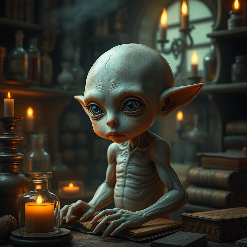 A fantastical depiction of a homunculus, a small humanoid creature, intricately designed with detailed textures showcasing its alchemical origins