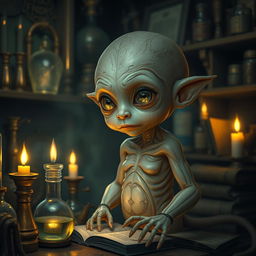 A fantastical depiction of a homunculus, a small humanoid creature, intricately designed with detailed textures showcasing its alchemical origins
