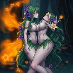 A submissive anime plant girl with very large breasts and thick thighs, adorned with purple flowers in her long wavy green hair