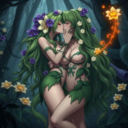 A submissive anime plant girl with very large breasts and thick thighs, adorned with purple flowers in her long wavy green hair