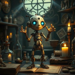 A detailed depiction of an artificed homunculus, featuring a small, humanoid figure crafted from various materials such as clay, metal, and glass