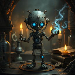 A detailed depiction of an artificed homunculus, featuring a small, humanoid figure crafted from various materials such as clay, metal, and glass