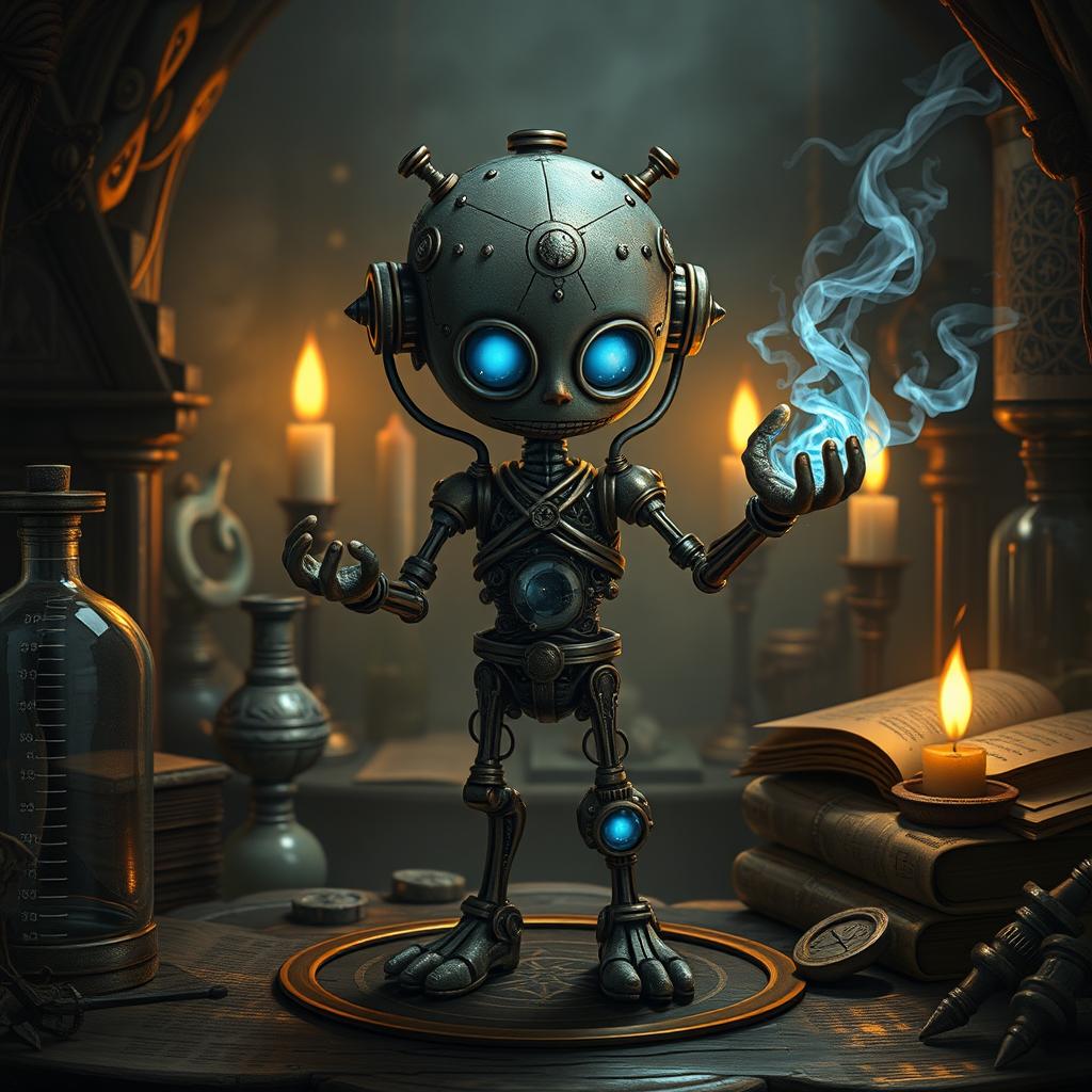 A detailed depiction of an artificed homunculus, featuring a small, humanoid figure crafted from various materials such as clay, metal, and glass