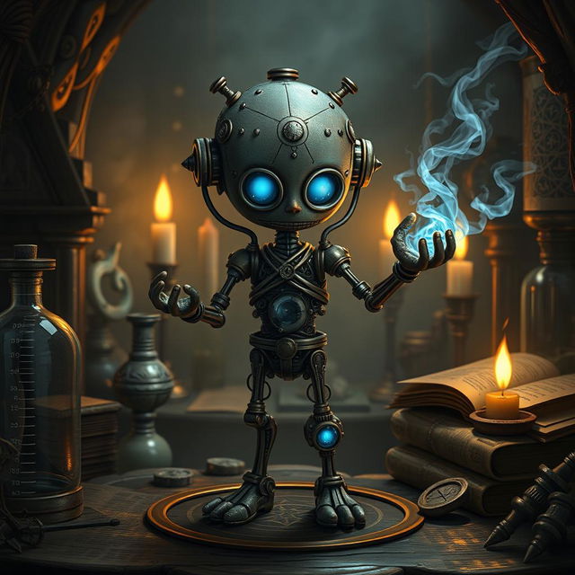 A detailed depiction of an artificed homunculus, featuring a small, humanoid figure crafted from various materials such as clay, metal, and glass