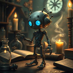 A detailed depiction of an artificed homunculus, featuring a small, humanoid figure crafted from various materials such as clay, metal, and glass