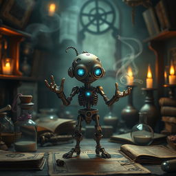 A detailed depiction of an artificed homunculus, featuring a small, humanoid figure crafted from various materials such as clay, metal, and glass