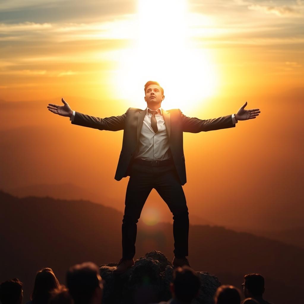 A powerful leader standing on a mountain peak, arms outstretched as they shine a bright light that illuminates the surrounding landscape