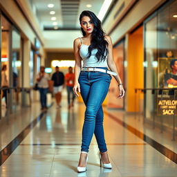 Full length photograph of a sexy, stunning, and beautiful young woman with pale skin, black hair, and captivating crystal blue eyes