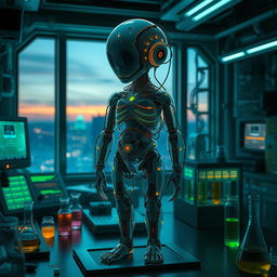 A futuristic depiction of an artificial homunculus, showcasing a small humanoid figure composed of various intricate mechanical parts and organic elements