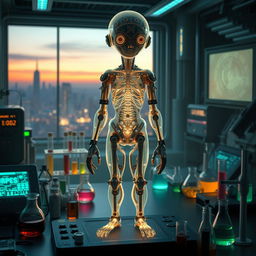 A futuristic depiction of an artificial homunculus, showcasing a small humanoid figure composed of various intricate mechanical parts and organic elements