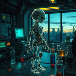 A futuristic depiction of an artificial homunculus, showcasing a small humanoid figure composed of various intricate mechanical parts and organic elements