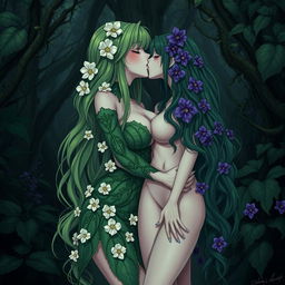 A gothic dominant anime plant girl with ample breasts and thick thighs, adorned with cream white flowers in her long wavy green hair
