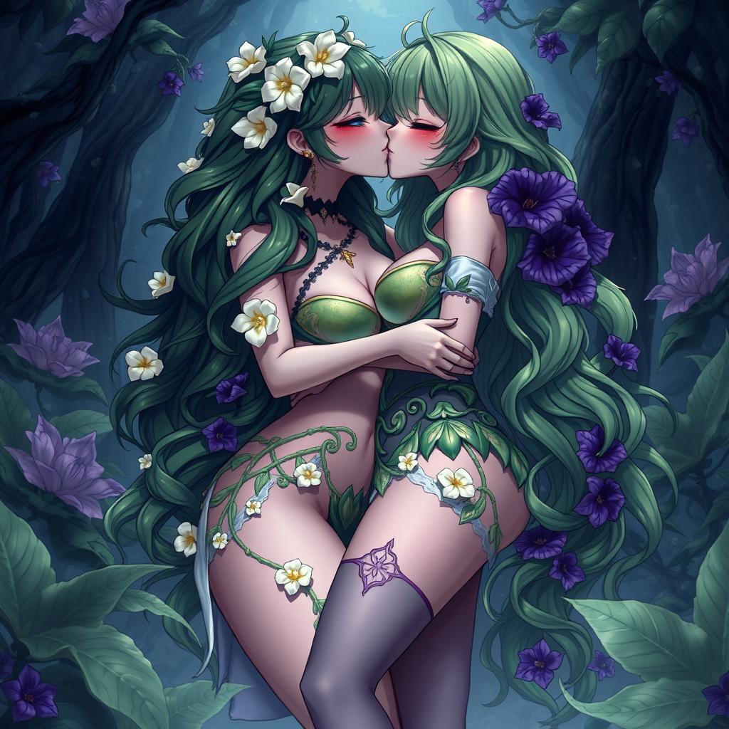 A gothic dominant anime plant girl with ample breasts and thick thighs, adorned with cream white flowers in her long wavy green hair