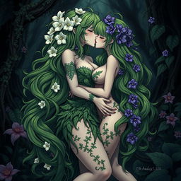 A gothic dominant anime plant girl with ample breasts and thick thighs, adorned with cream white flowers in her long wavy green hair