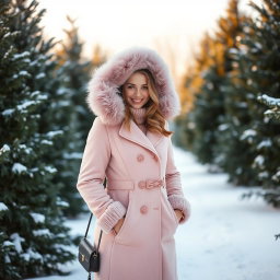 A Tatar Russian girl wearing a stylish, long, pastel pink winter coat, with a faux fur hood and matching accessories