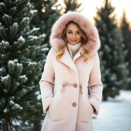 A Tatar Russian girl wearing a stylish, long, pastel pink winter coat, with a faux fur hood and matching accessories