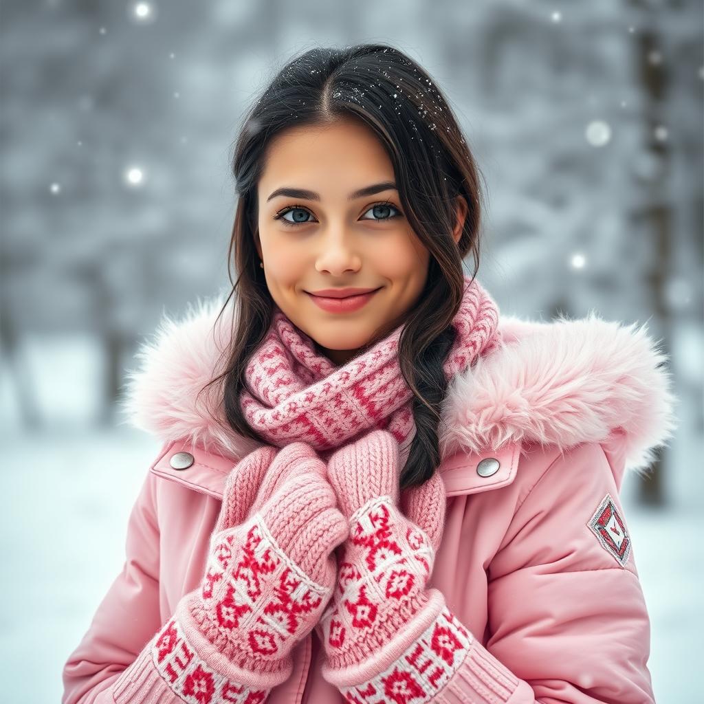 A beautiful Russian Tatar girl wearing a stylish winter outfit in soft pink