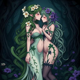A gothic dominant anime plant girl with big breasts and thick thighs, adorned with cream white flowers in her long wavy green hair