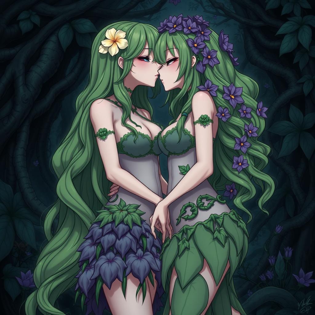 A gothic dominant anime plant girl with big breasts and thick thighs, adorned with cream white flowers in her long wavy green hair